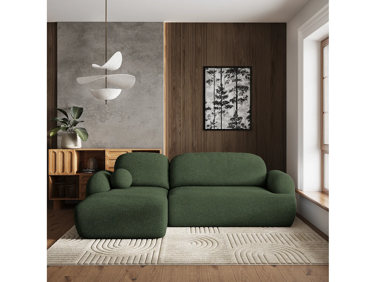 Canapé d'angle MODENZA Vert en bouclé avec fonction de couchage