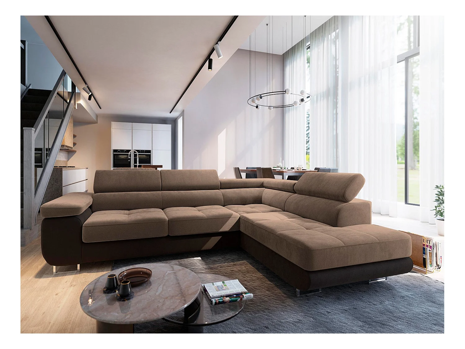 Canapé d'angle SELVA Beige en velours avec fonction de couchage