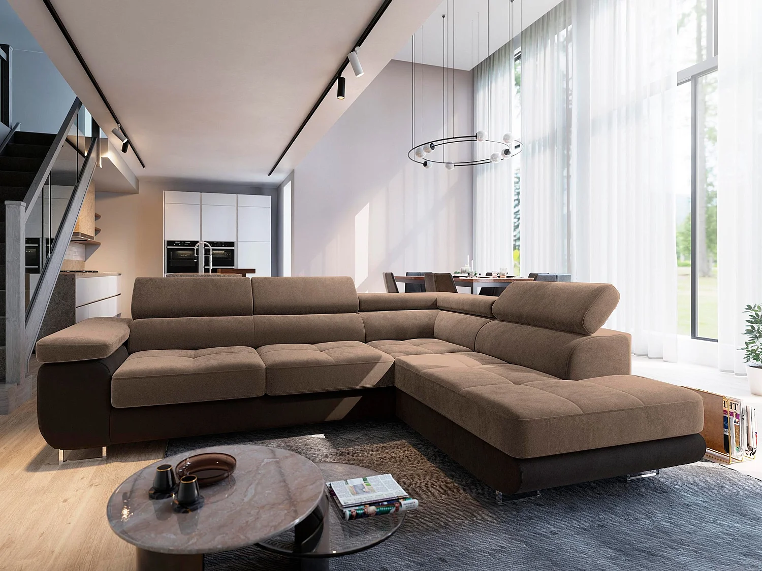 Hoekbank SELVA van fluweel met slaapfunctie Beige