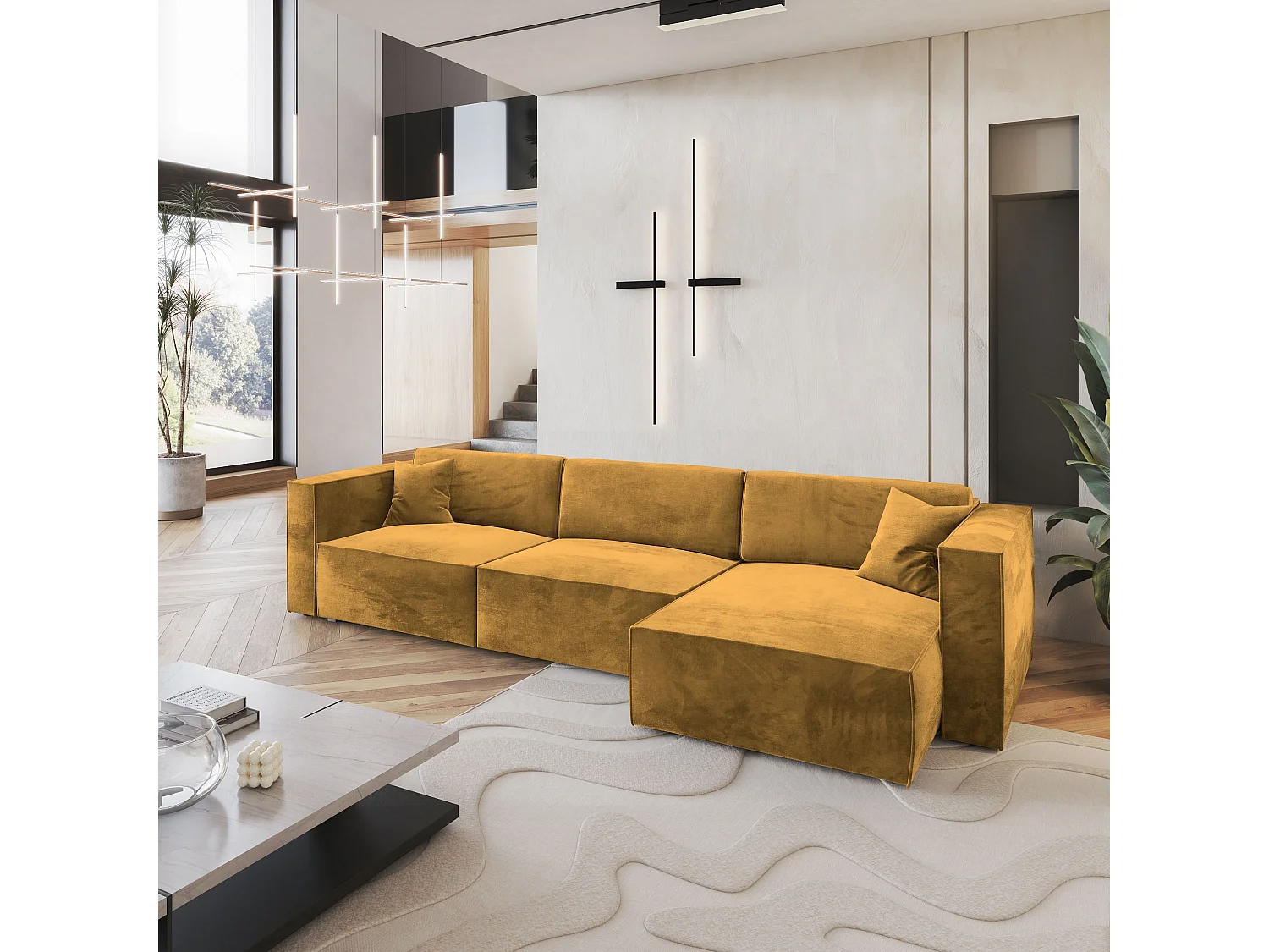 Canapé d'angle TOLMO Jaune en velours avec fonction de couchage