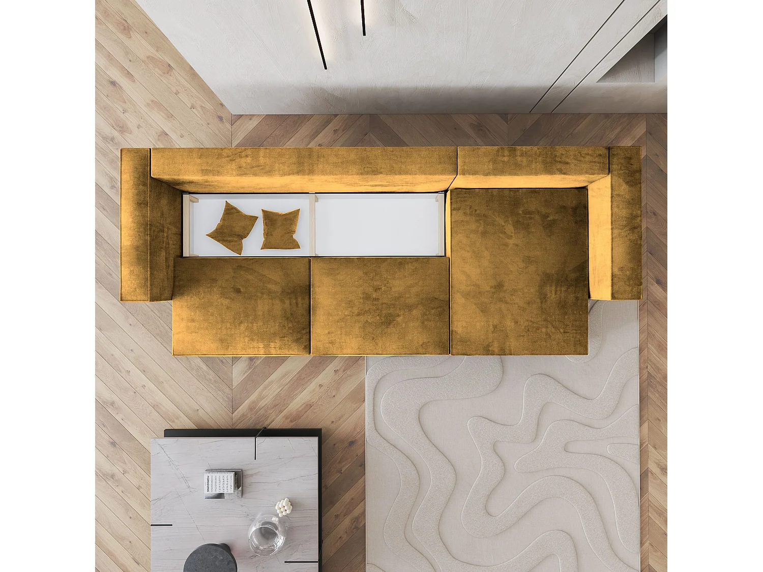 Canapé d'angle TOLMO Jaune en velours avec fonction de couchage