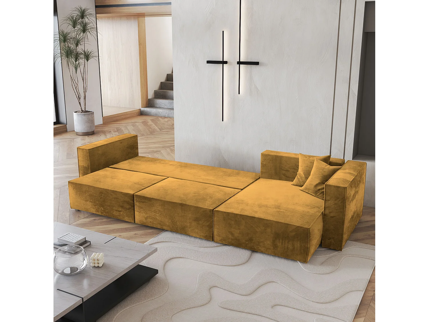 Canapé d'angle TOLMO Jaune en velours avec fonction de couchage