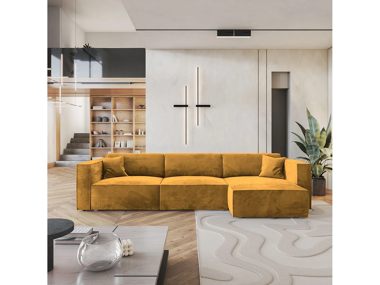 Canapé d'angle TOLMO Jaune en velours avec fonction de couchage