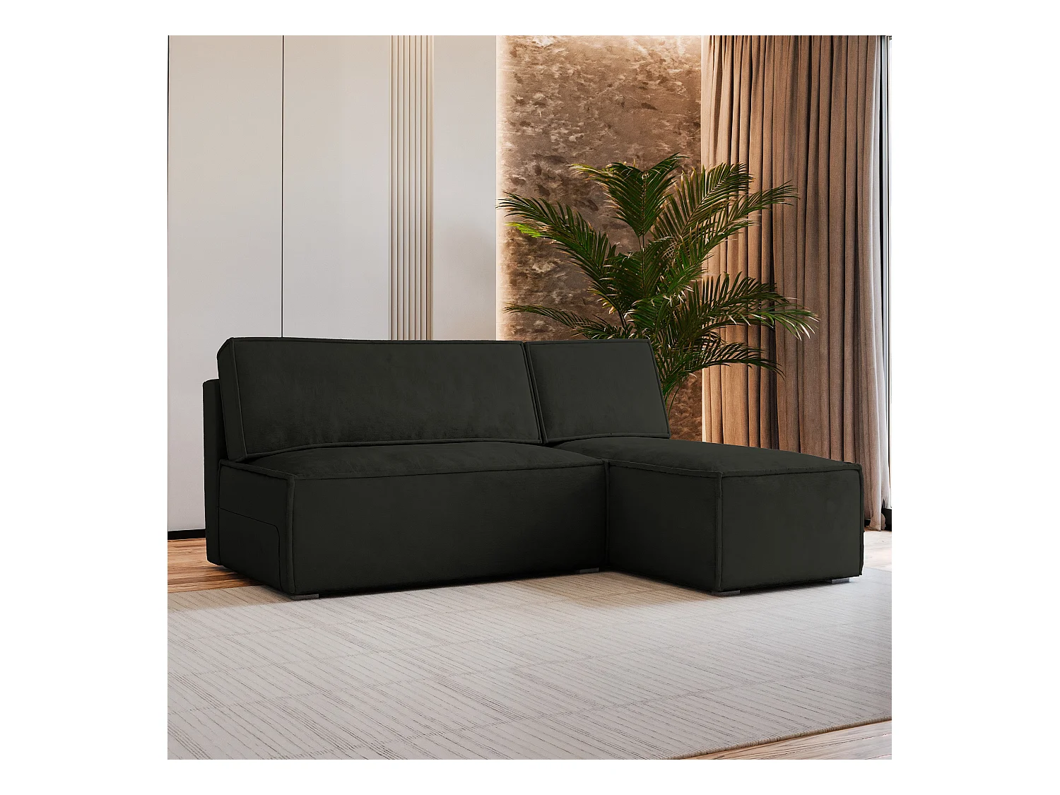 Canapé d'angle BRISO Noir en velours avec fonction de couchage