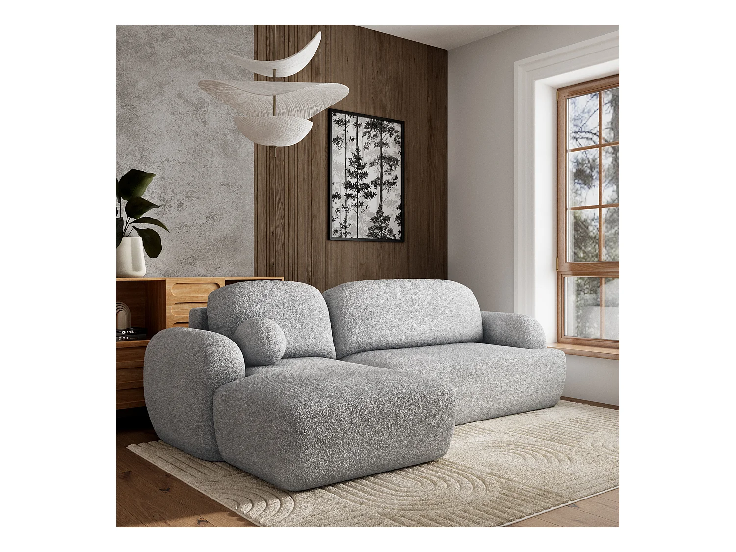 Canapé d'angle MODENZA Gris clair en bouclé avec fonction de couchage