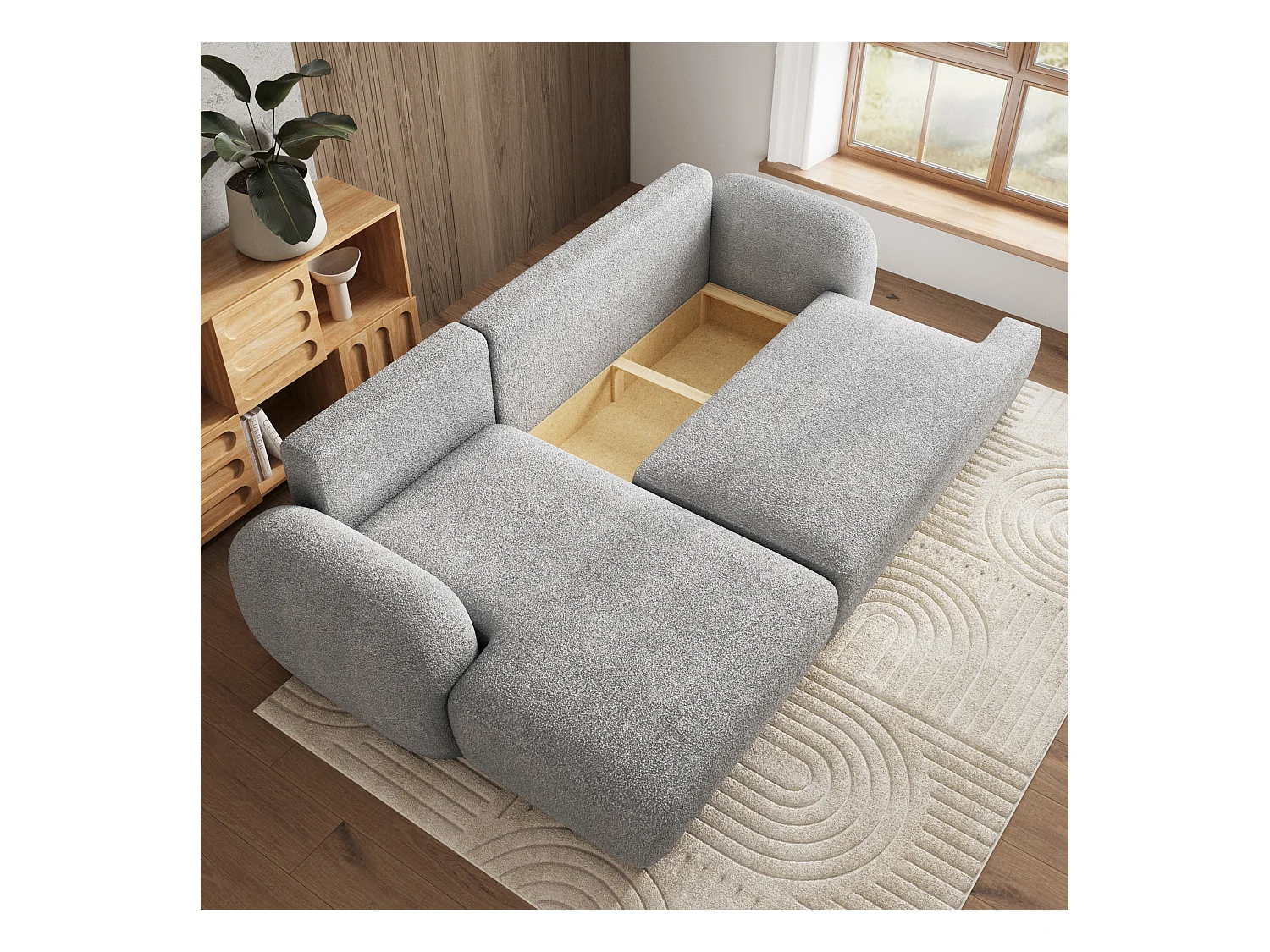 Canapé d'angle MODENZA Gris clair en bouclé avec fonction de couchage
