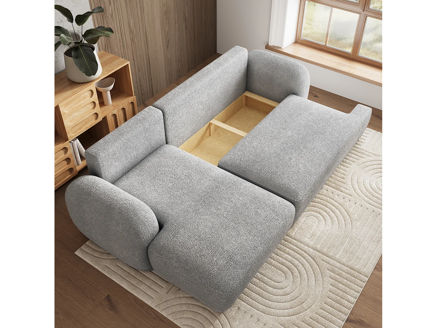 Canapé d'angle MODENZA Gris clair en bouclé avec fonction de couchage