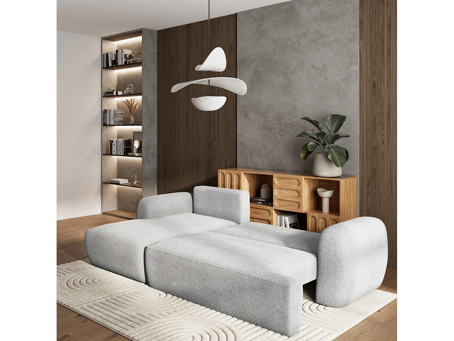 Canapé d'angle MODENZA Gris clair en bouclé avec fonction de couchage