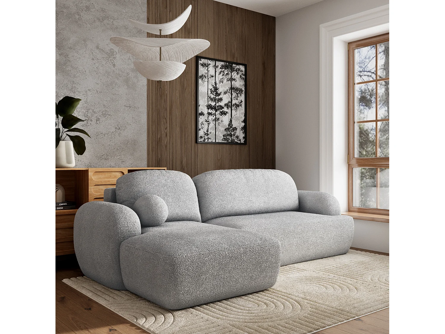 Canapé d'angle MODENZA Gris clair en bouclé avec fonction de couchage