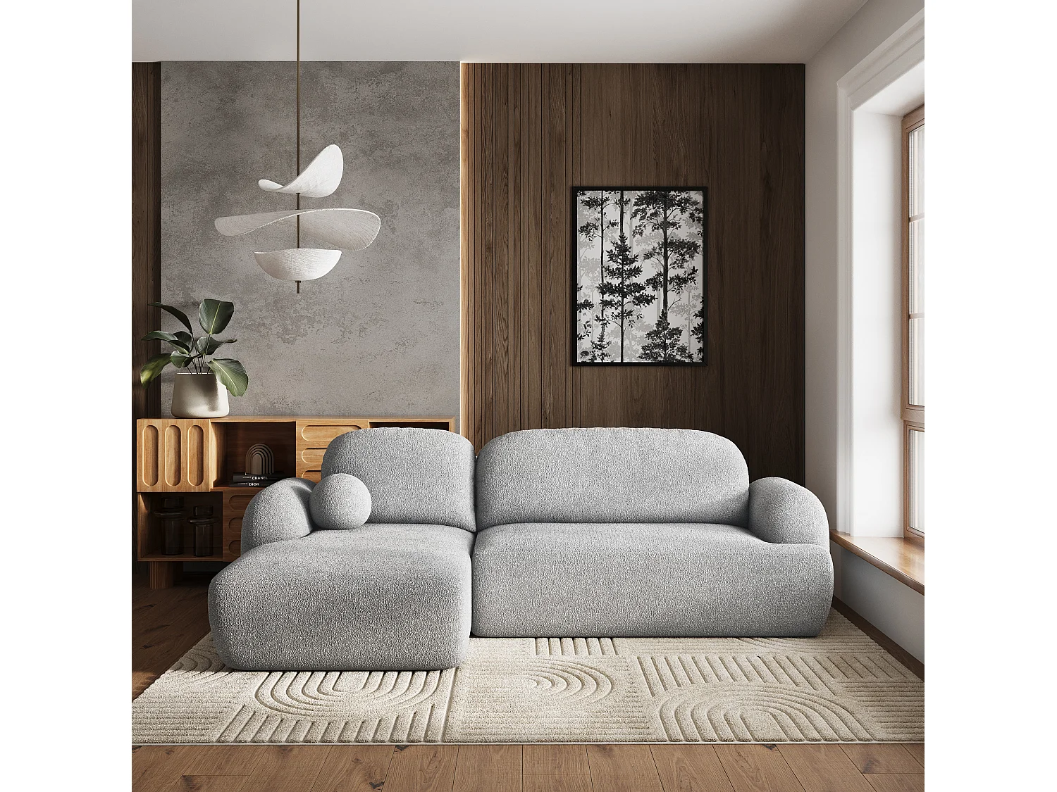 Canapé d'angle MODENZA Gris clair en bouclé avec fonction de couchage