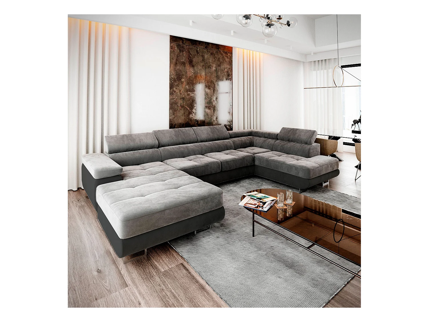 Canapé d'angle CASONE Gris clair en velours avec fonction de couchage