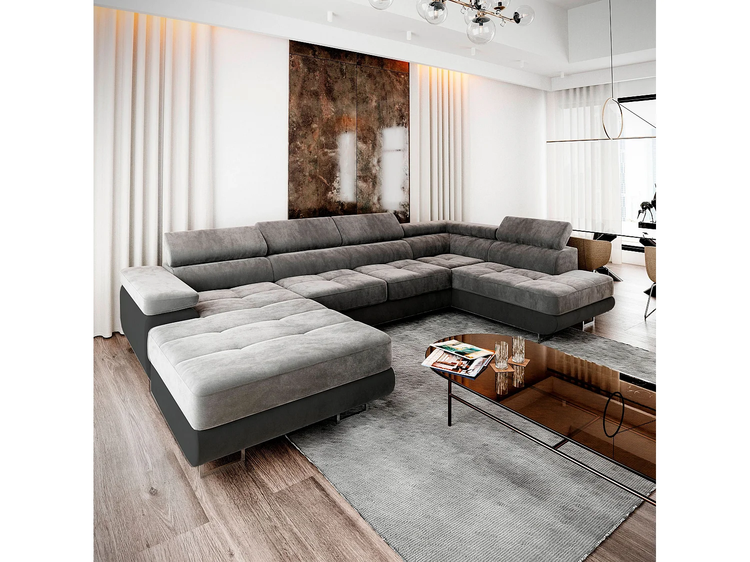 Canapé d'angle CASONE Gris clair en velours avec fonction de couchage