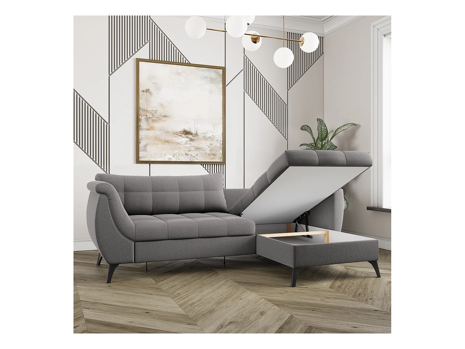 Canapé d'angle MOLLIS Vert en tissu texturé avec fonction de couchage