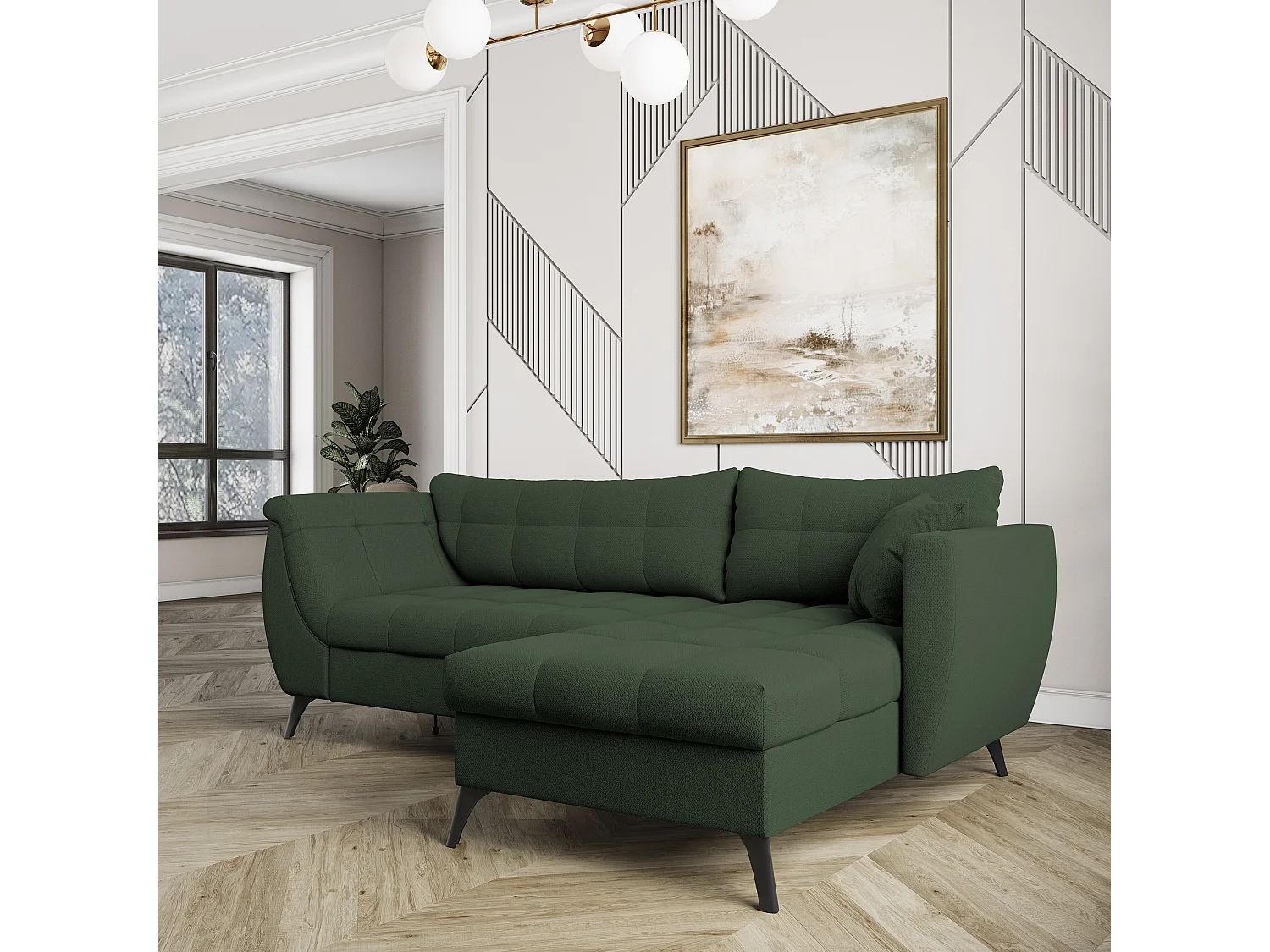 Canapé d'angle MOLLIS Vert en tissu texturé avec fonction de couchage