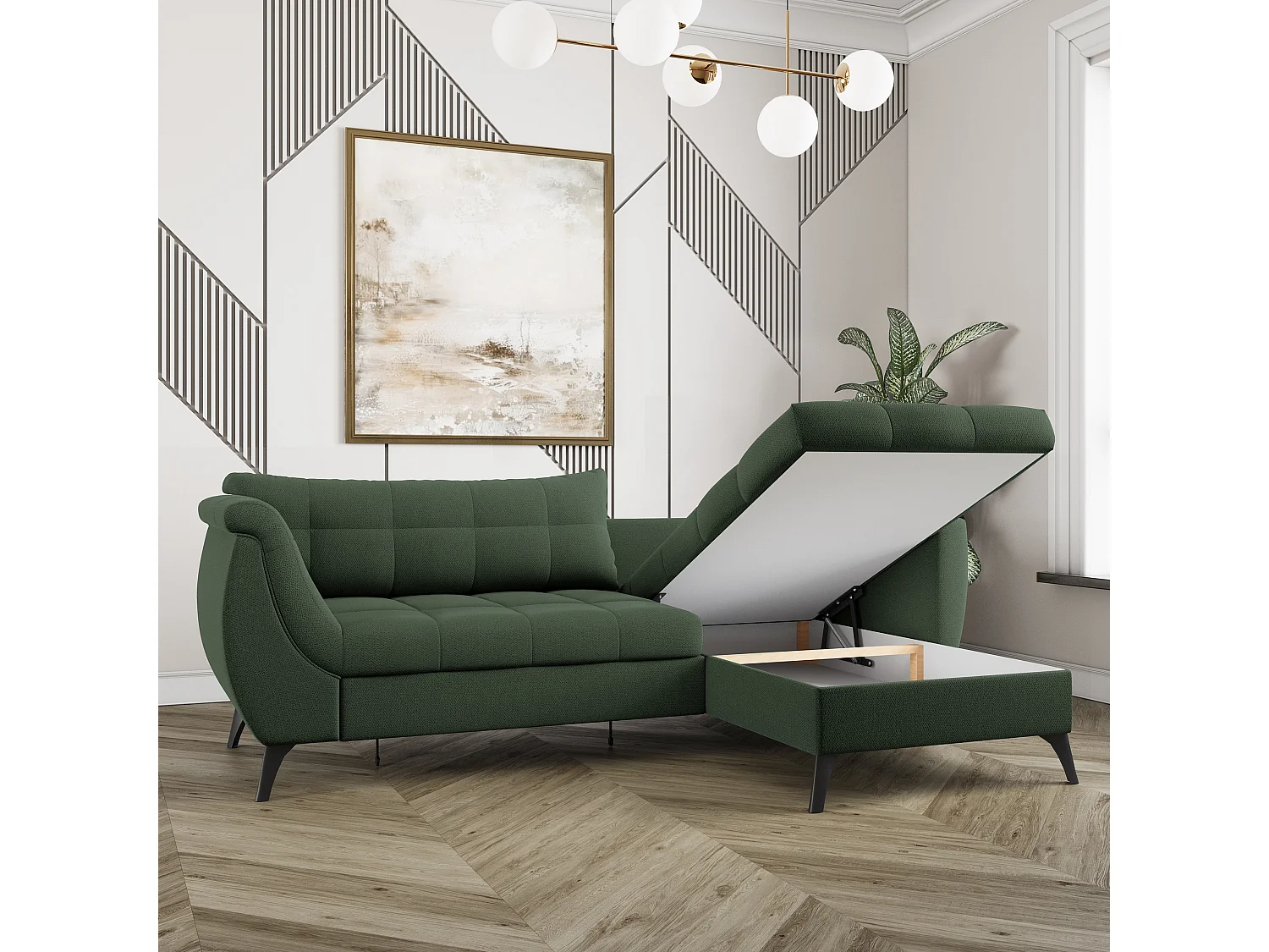 Canapé d'angle MOLLIS Vert en tissu texturé avec fonction de couchage