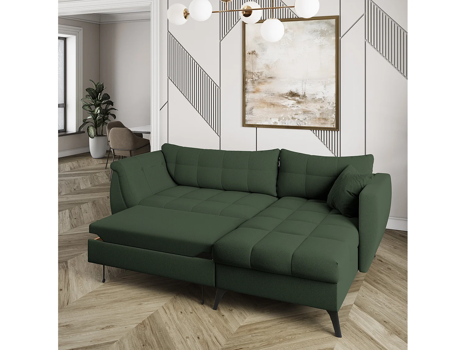 Canapé d'angle MOLLIS Vert en tissu texturé avec fonction de couchage