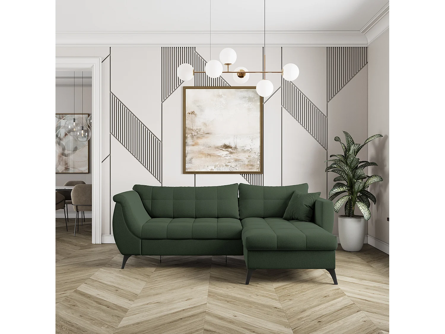 Canapé d'angle MOLLIS Vert en tissu texturé avec fonction de couchage