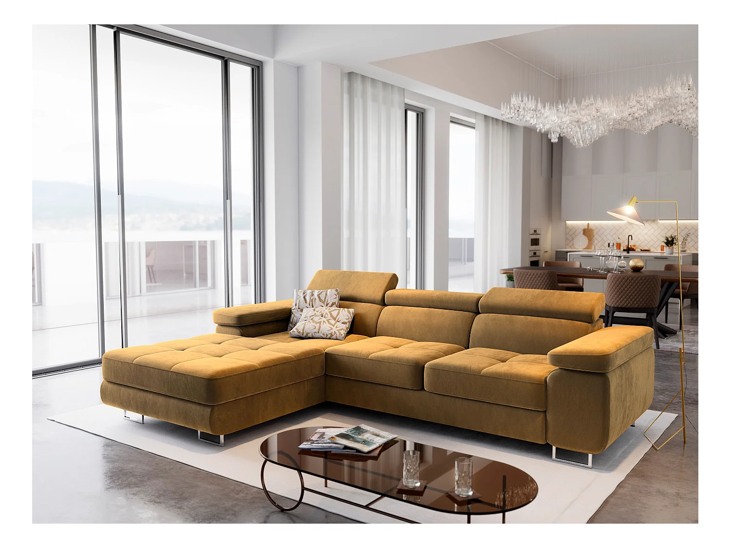 Canapé d'angle ELMA Jaune en velours avec fonction de couchage