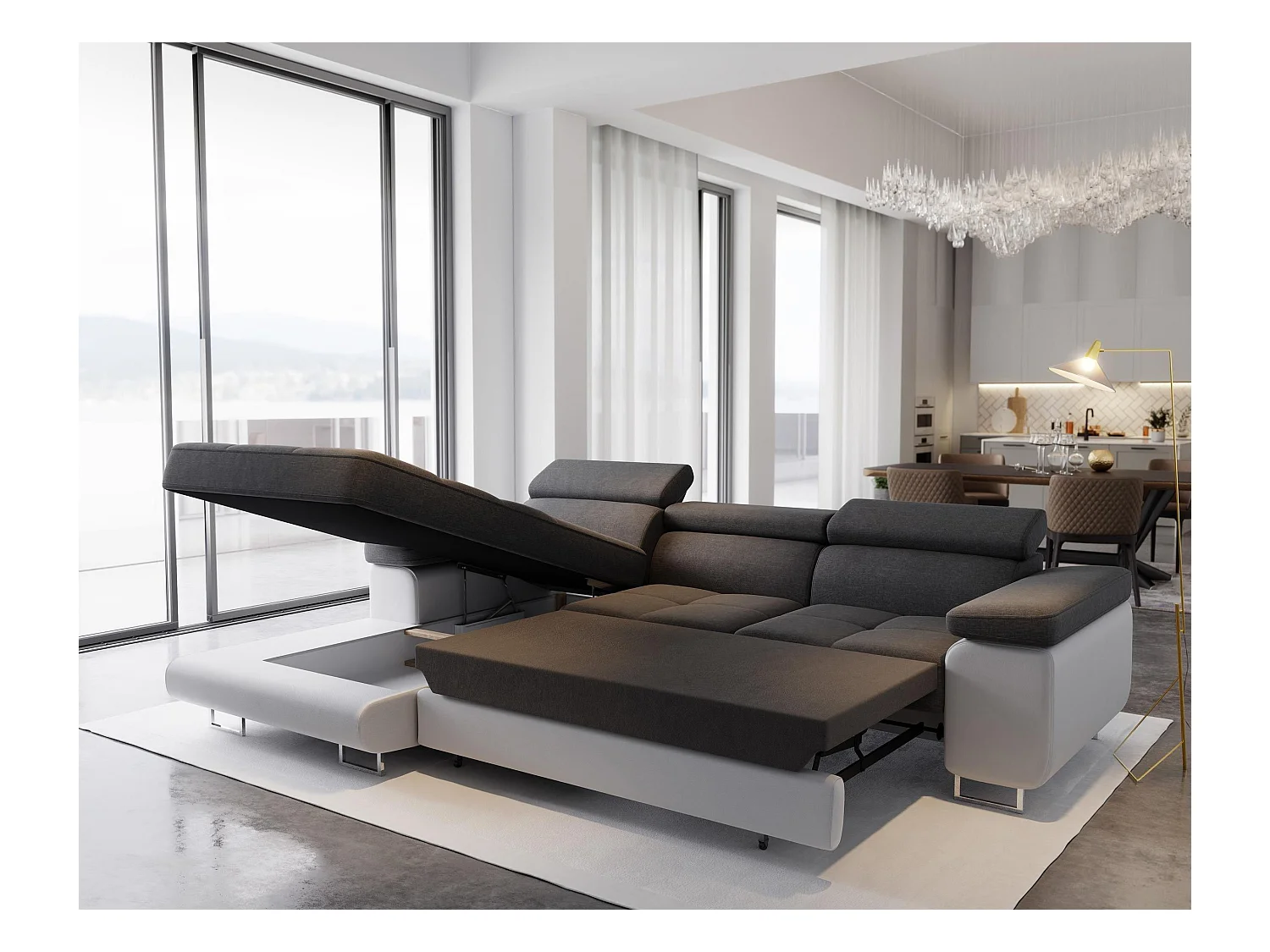 Canapé d'angle ELMA Jaune en velours avec fonction de couchage