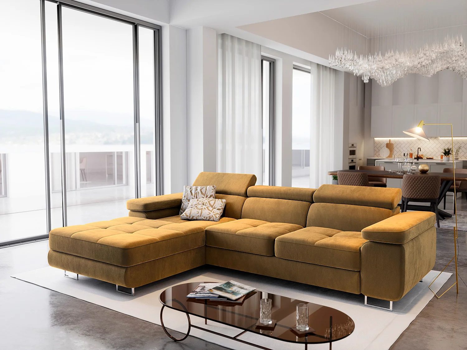 Canapé d'angle ELMA Jaune en velours avec fonction de couchage