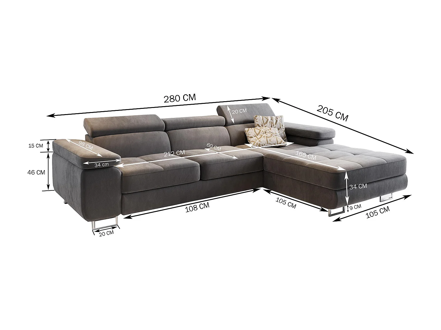 Canapé d'angle ELMA Jaune en velours avec fonction de couchage