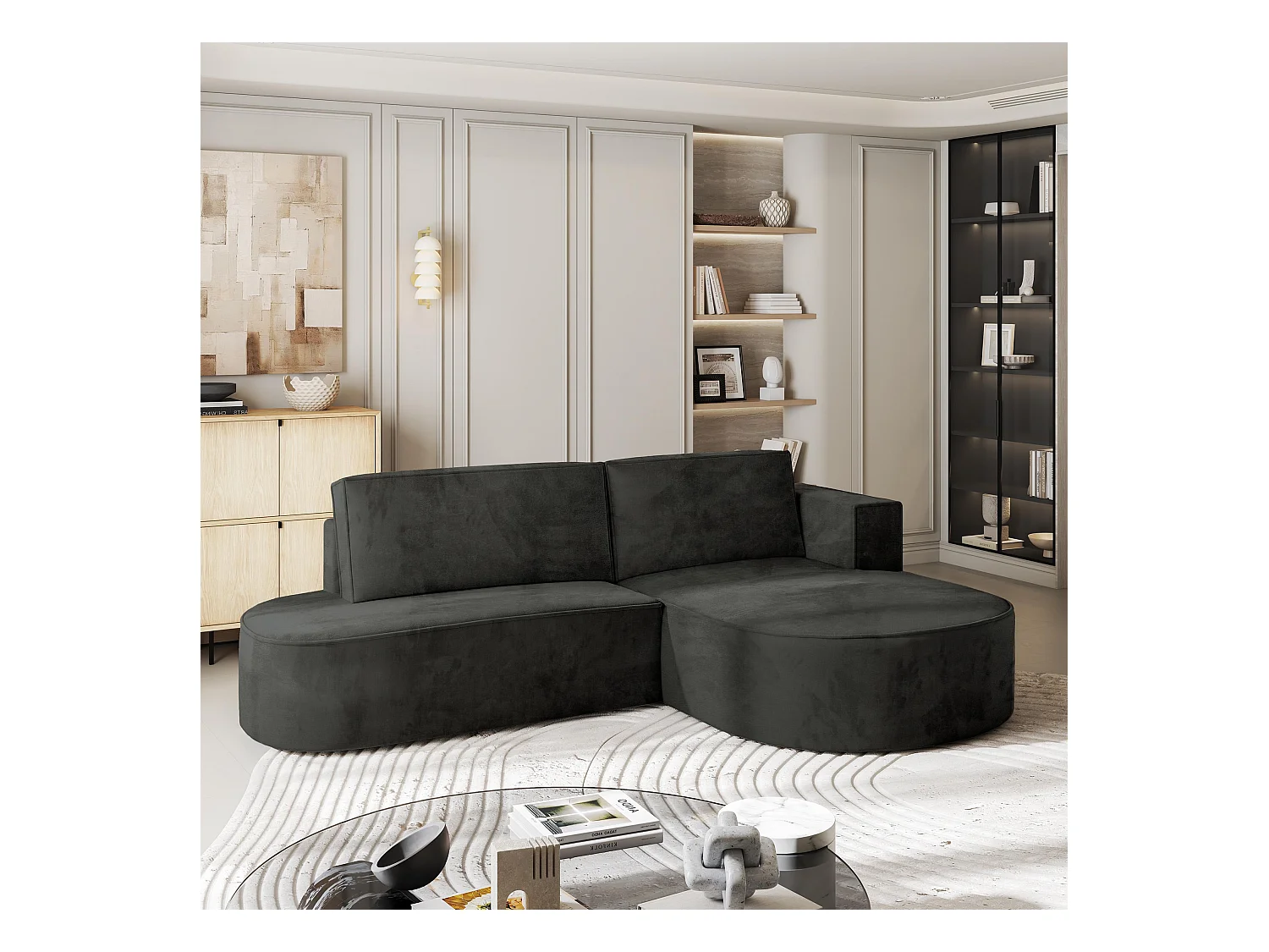 Canapé d'angle CORTIO Noir en velours avec fonction de couchage