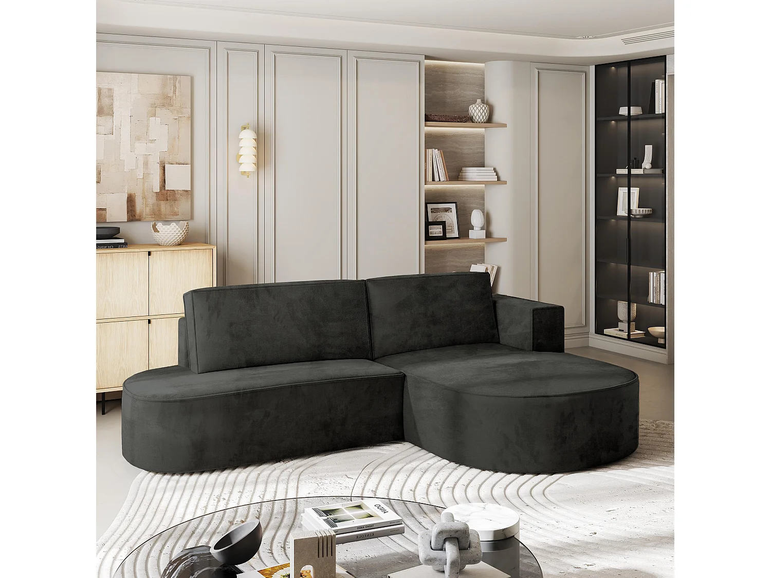 Canapé d'angle CORTIO Noir en velours avec fonction de couchage