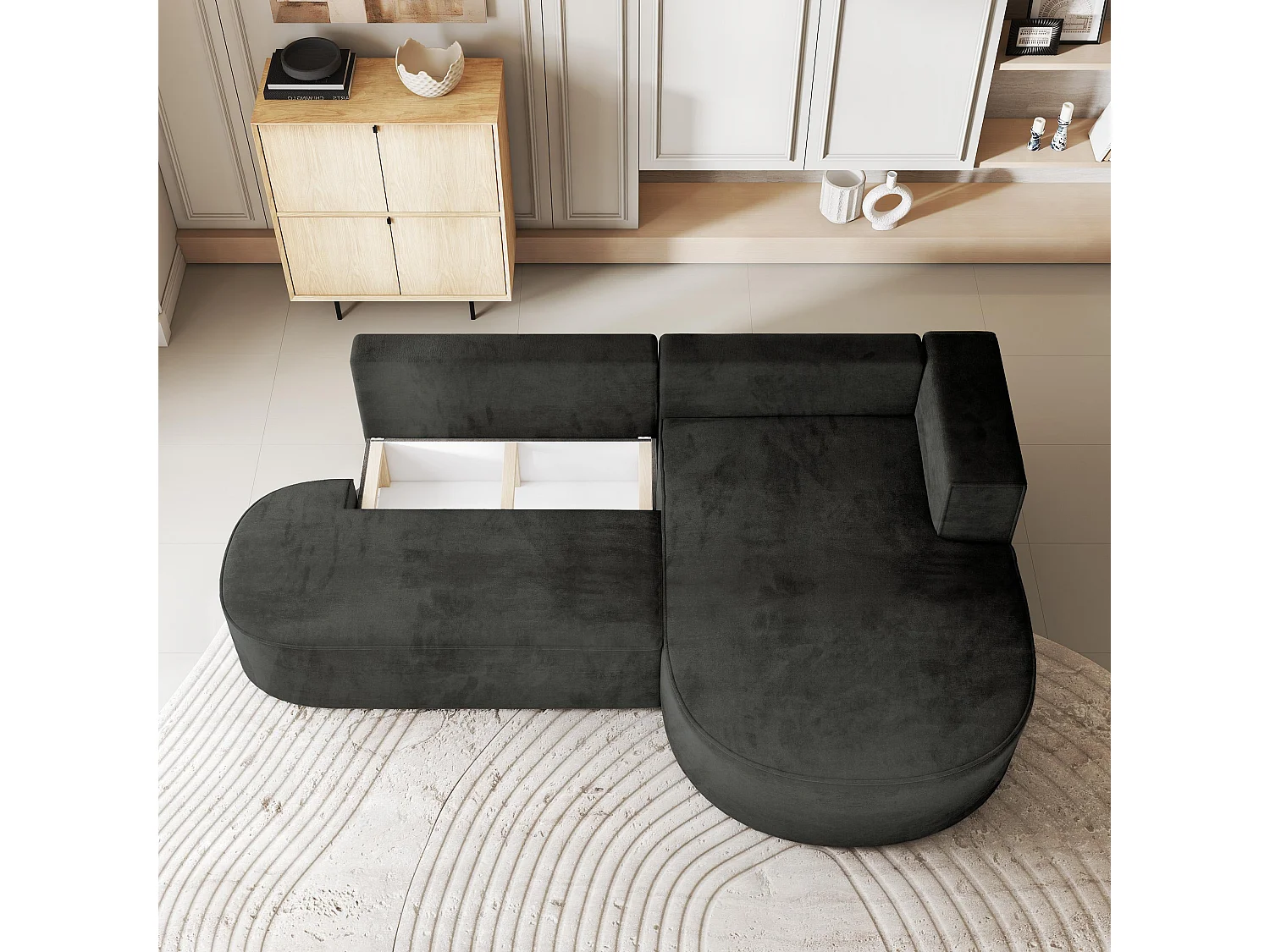 Canapé d'angle CORTIO Noir en velours avec fonction de couchage