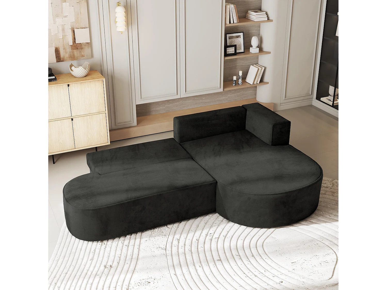 Canapé d'angle CORTIO Noir en velours avec fonction de couchage