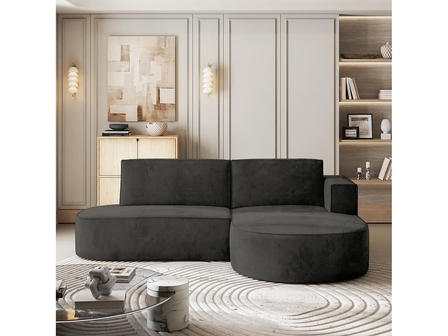 Canapé d'angle CORTIO Noir en velours avec fonction de couchage