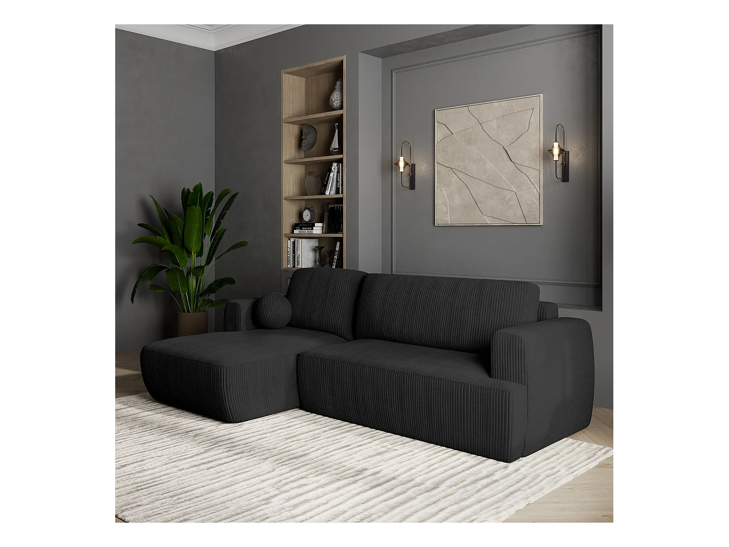 Canapé d'angle SENTI Noir en velours côtelé avec fonction de couchage