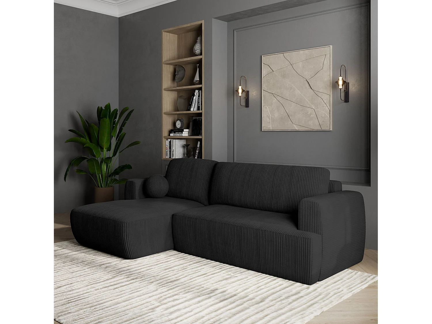 Canapé d'angle SENTI Noir en velours côtelé avec fonction de couchage