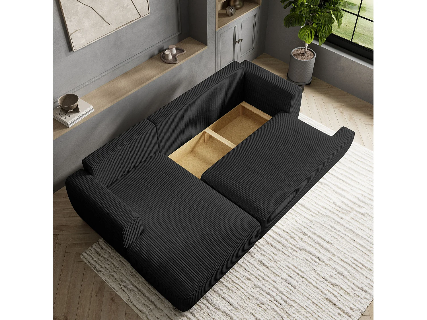 Canapé d'angle SENTI Noir en velours côtelé avec fonction de couchage