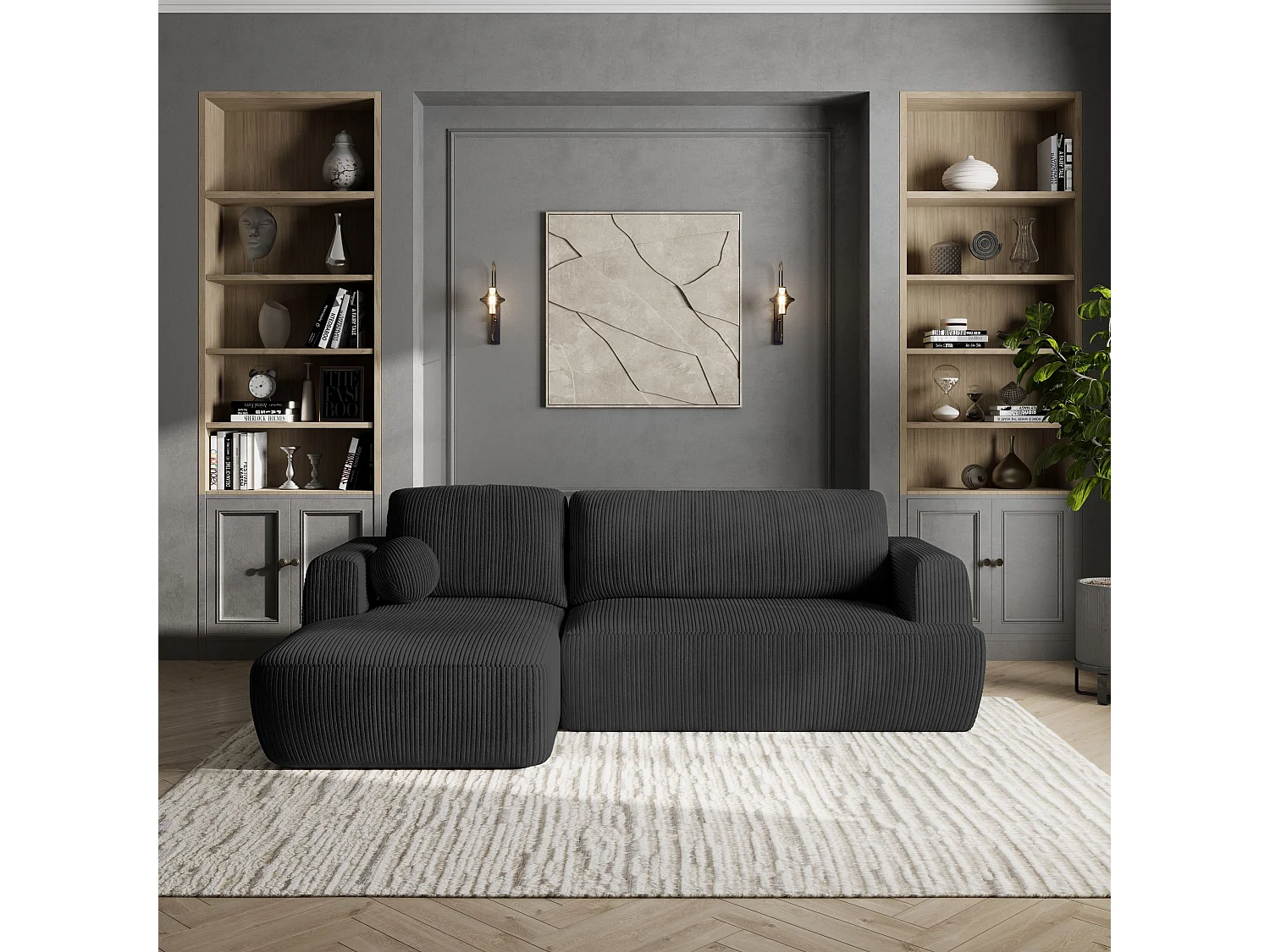 Canapé d'angle SENTI Noir en velours côtelé avec fonction de couchage