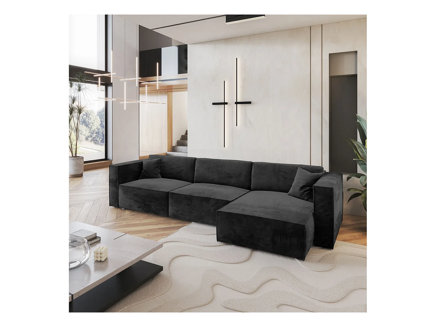 Canapé d'angle TOLMO Noir en velours avec fonction de couchage