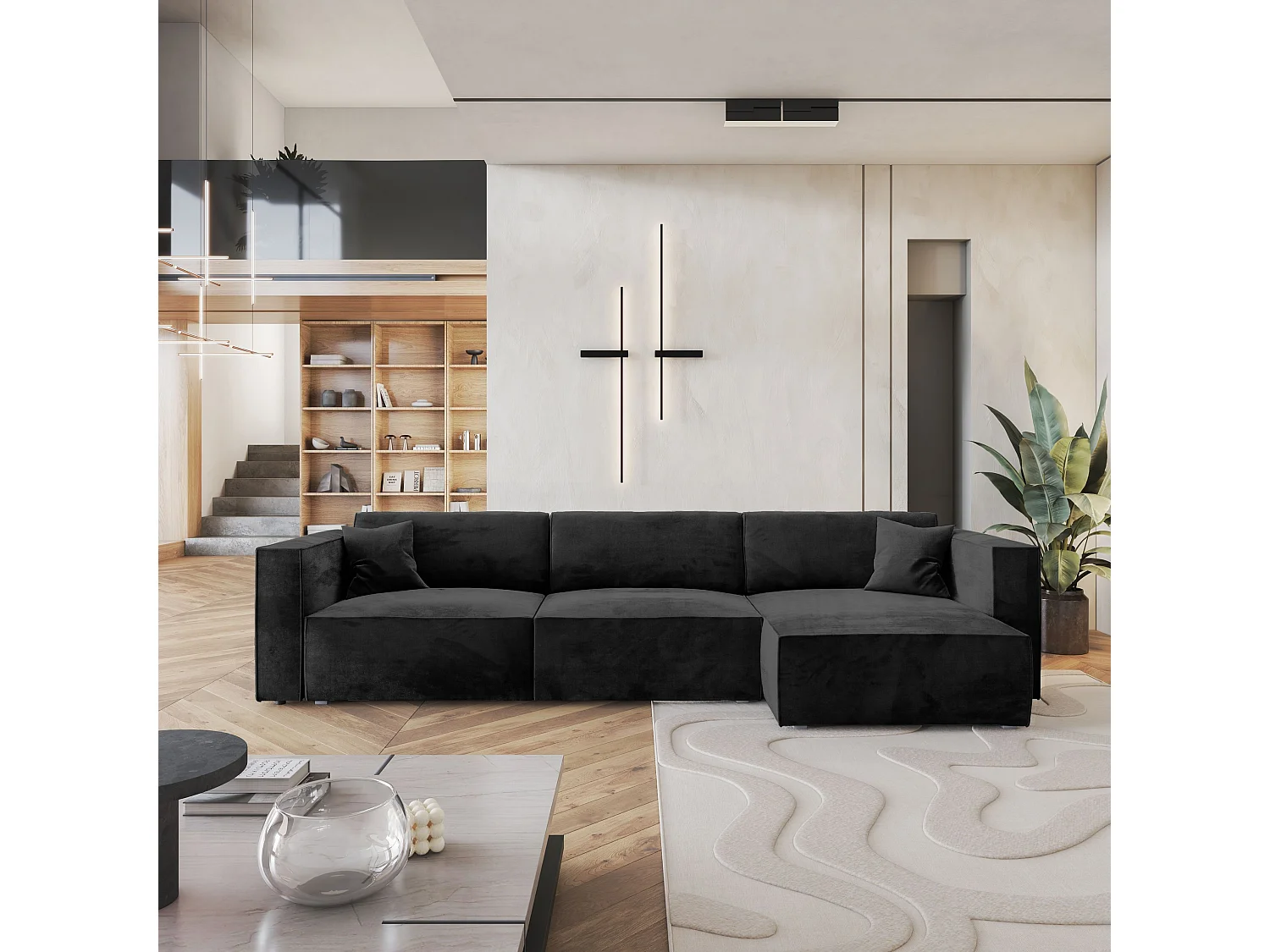 Canapé d'angle TOLMO Noir en velours avec fonction de couchage