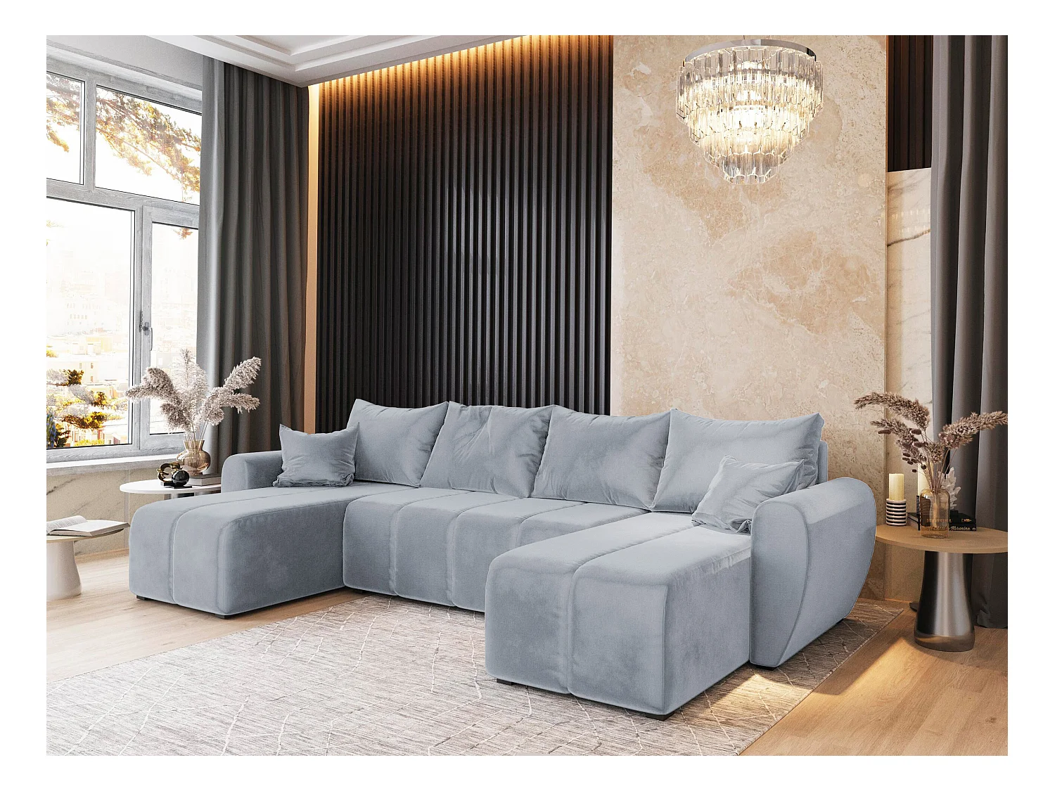 Canapé d'angle MADISON Gris clair en peluche avec fonction de couchage