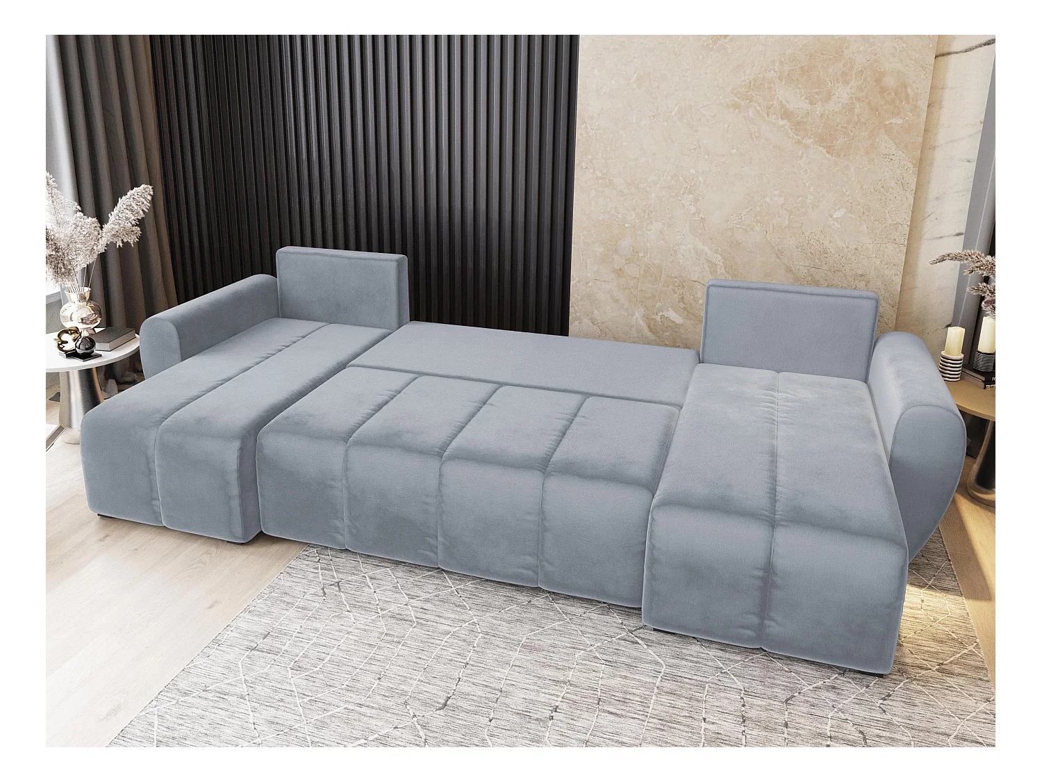 Canapé d'angle MADISON Gris clair en peluche avec fonction de couchage