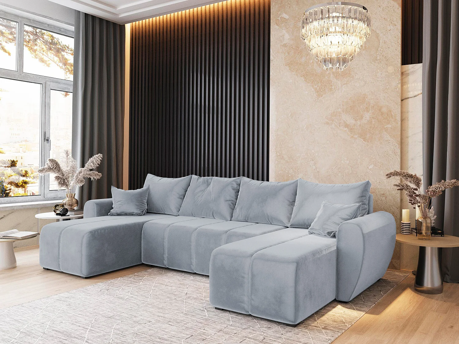 Canapé d'angle MADISON Gris clair en peluche avec fonction de couchage