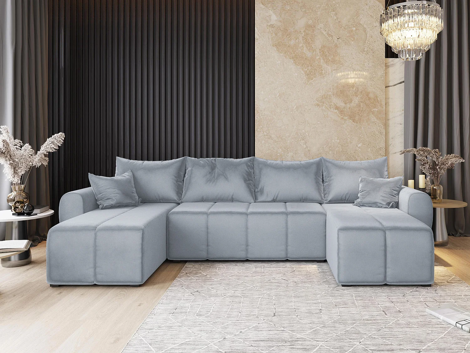 Canapé d'angle MADISON Gris clair en peluche avec fonction de couchage