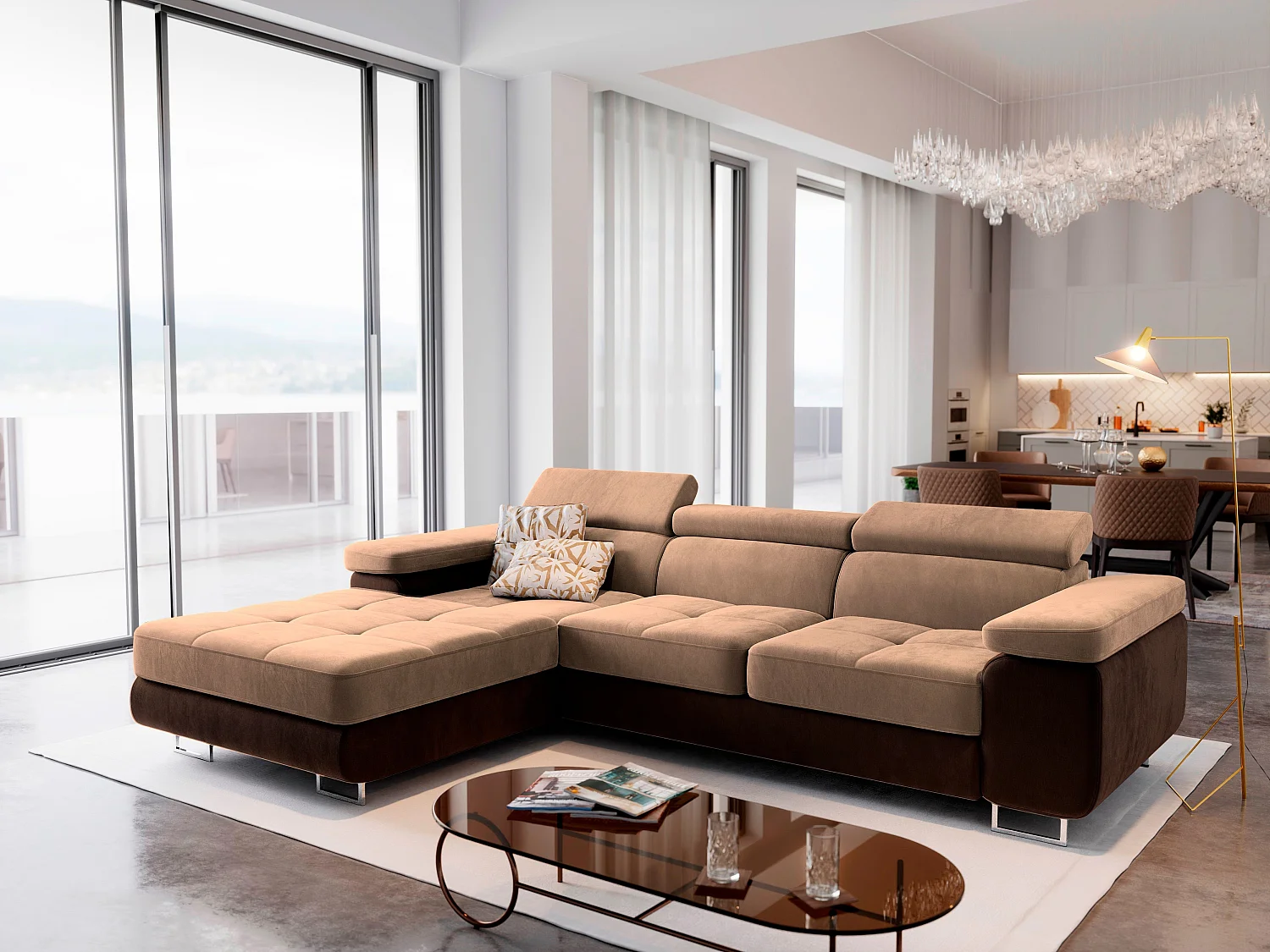 Canapé d'angle ELMA Beige en velours avec fonction de couchage