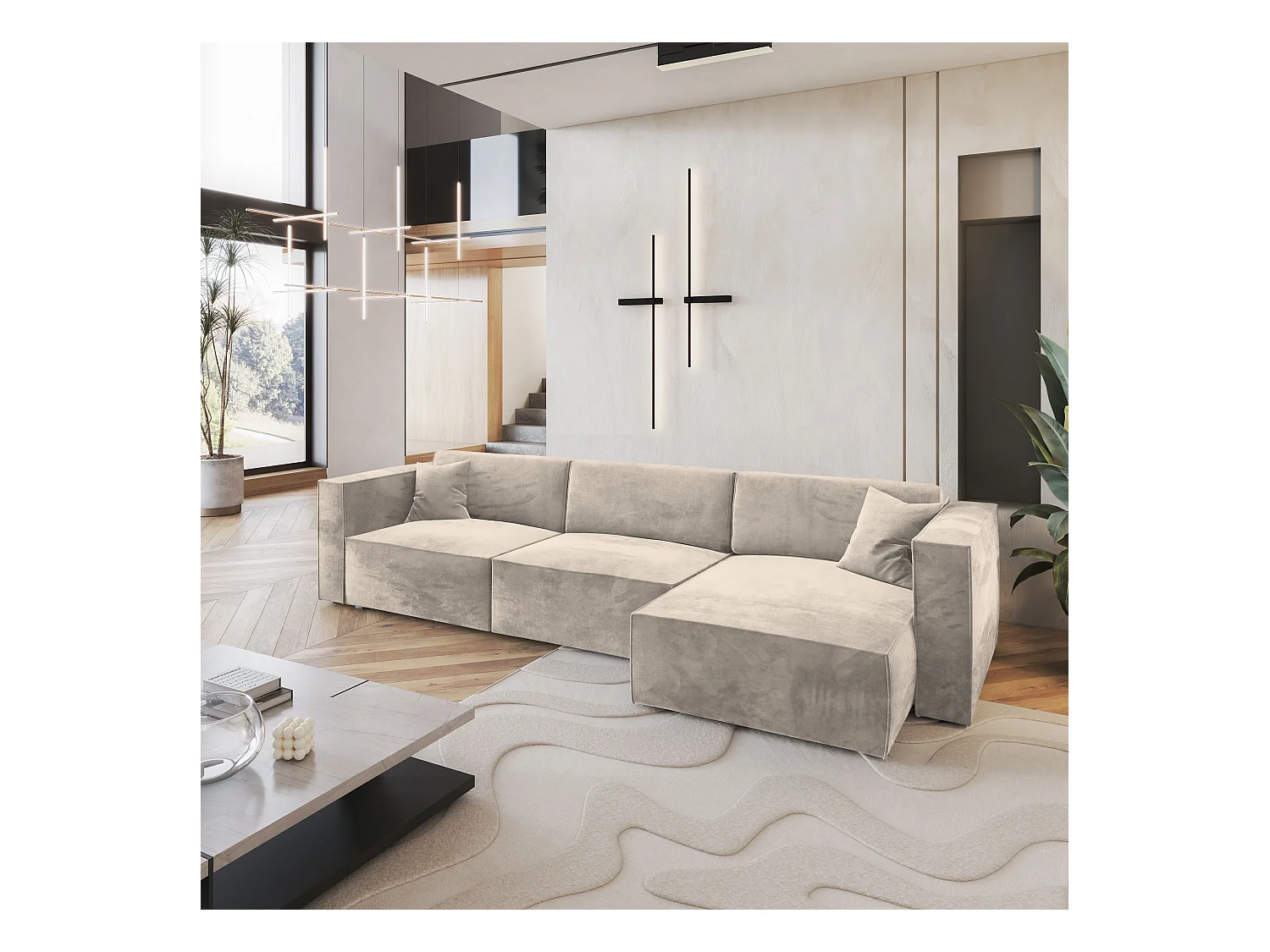 Canapé d'angle TOLMO Crème en velours avec fonction de couchage