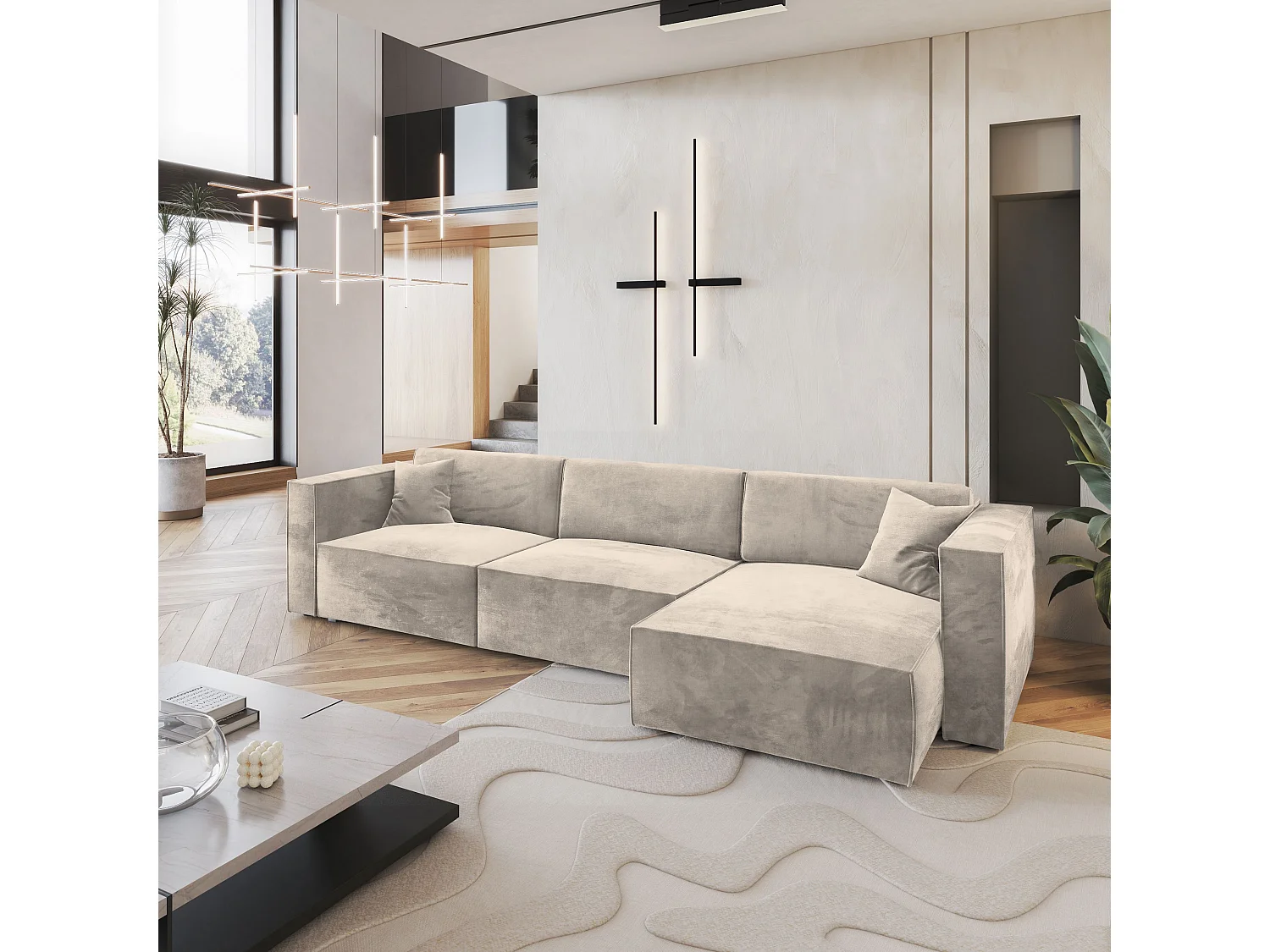 Canapé d'angle TOLMO Crème en velours avec fonction de couchage