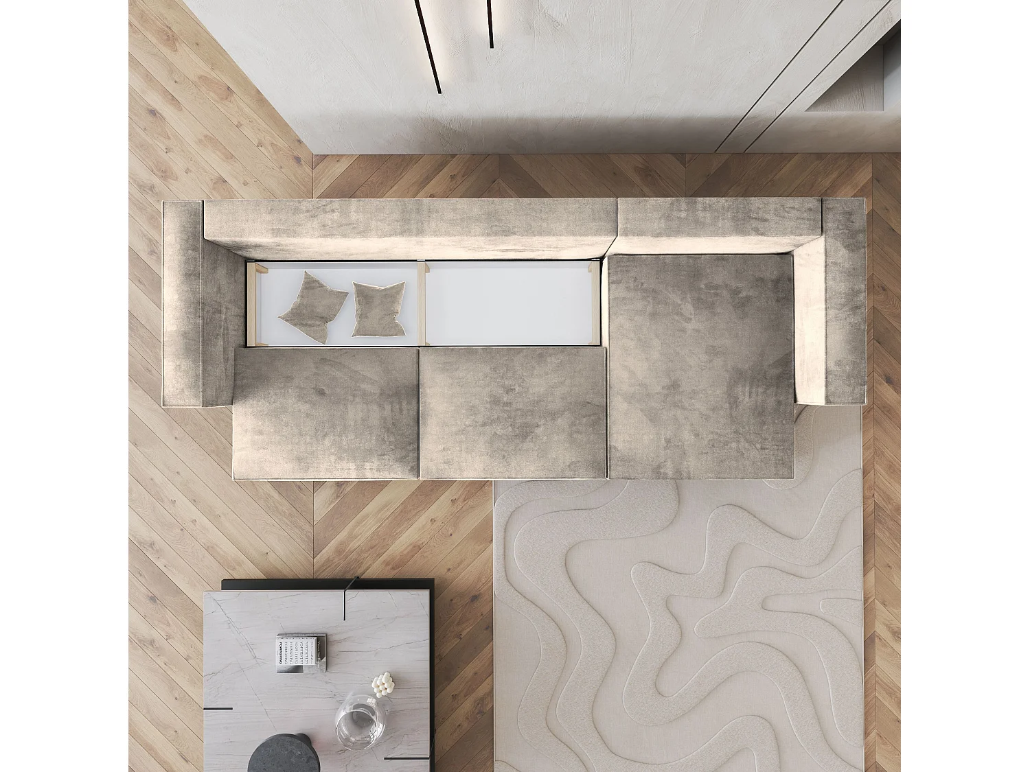 Canapé d'angle TOLMO Crème en velours avec fonction de couchage