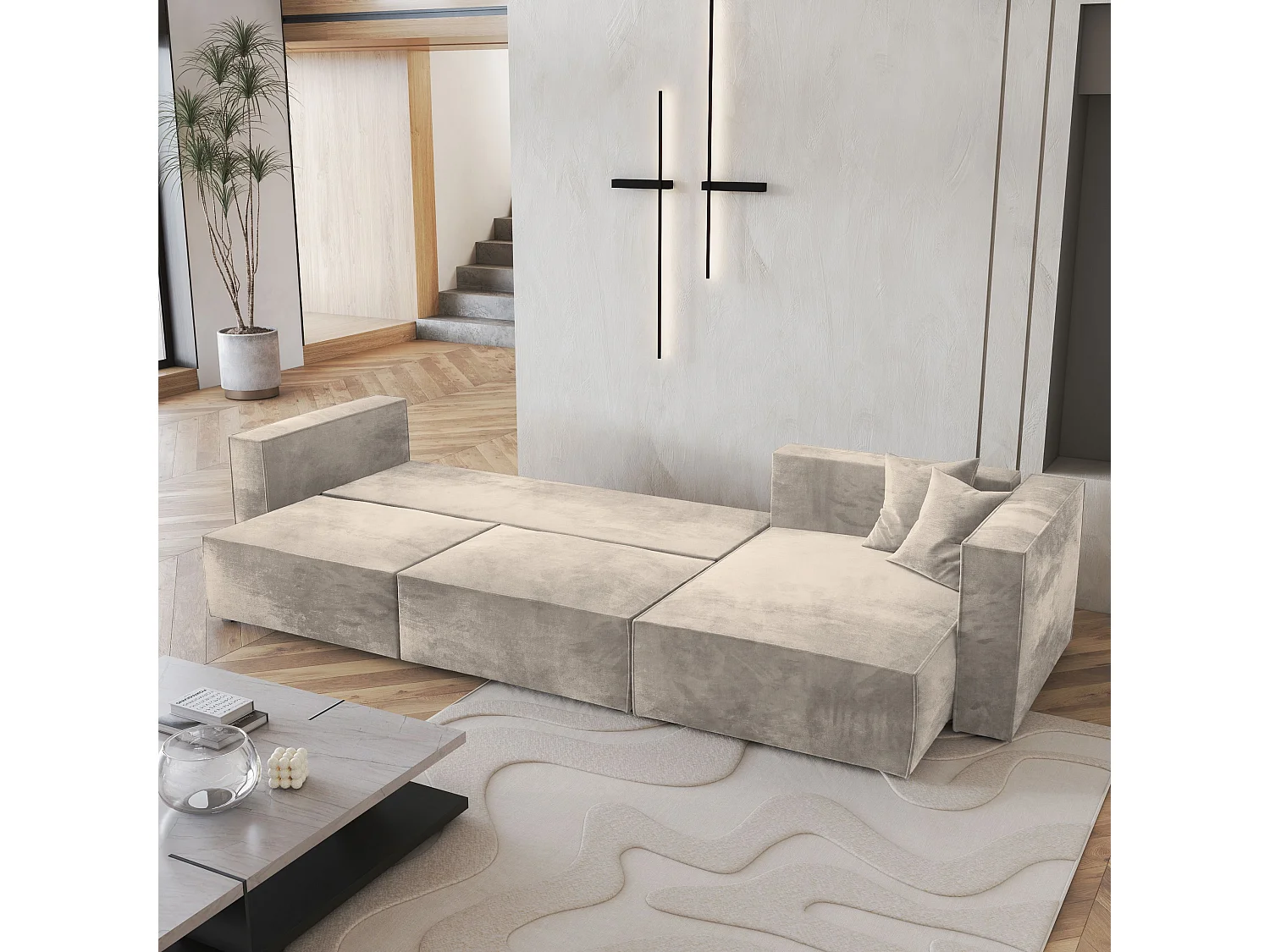 Canapé d'angle TOLMO Crème en velours avec fonction de couchage