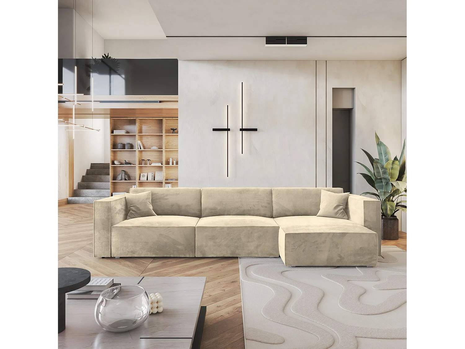 Canapé d'angle TOLMO Crème en velours avec fonction de couchage