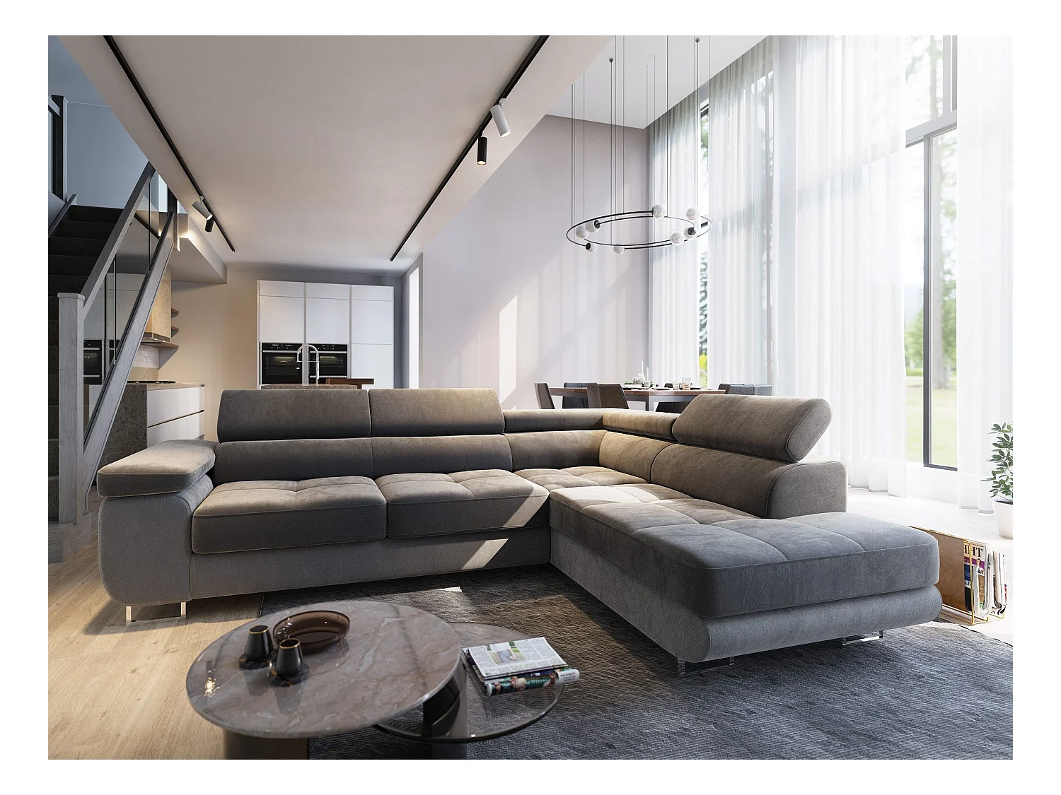 Canapé d'angle SELVA Gris en velours avec fonction de couchage