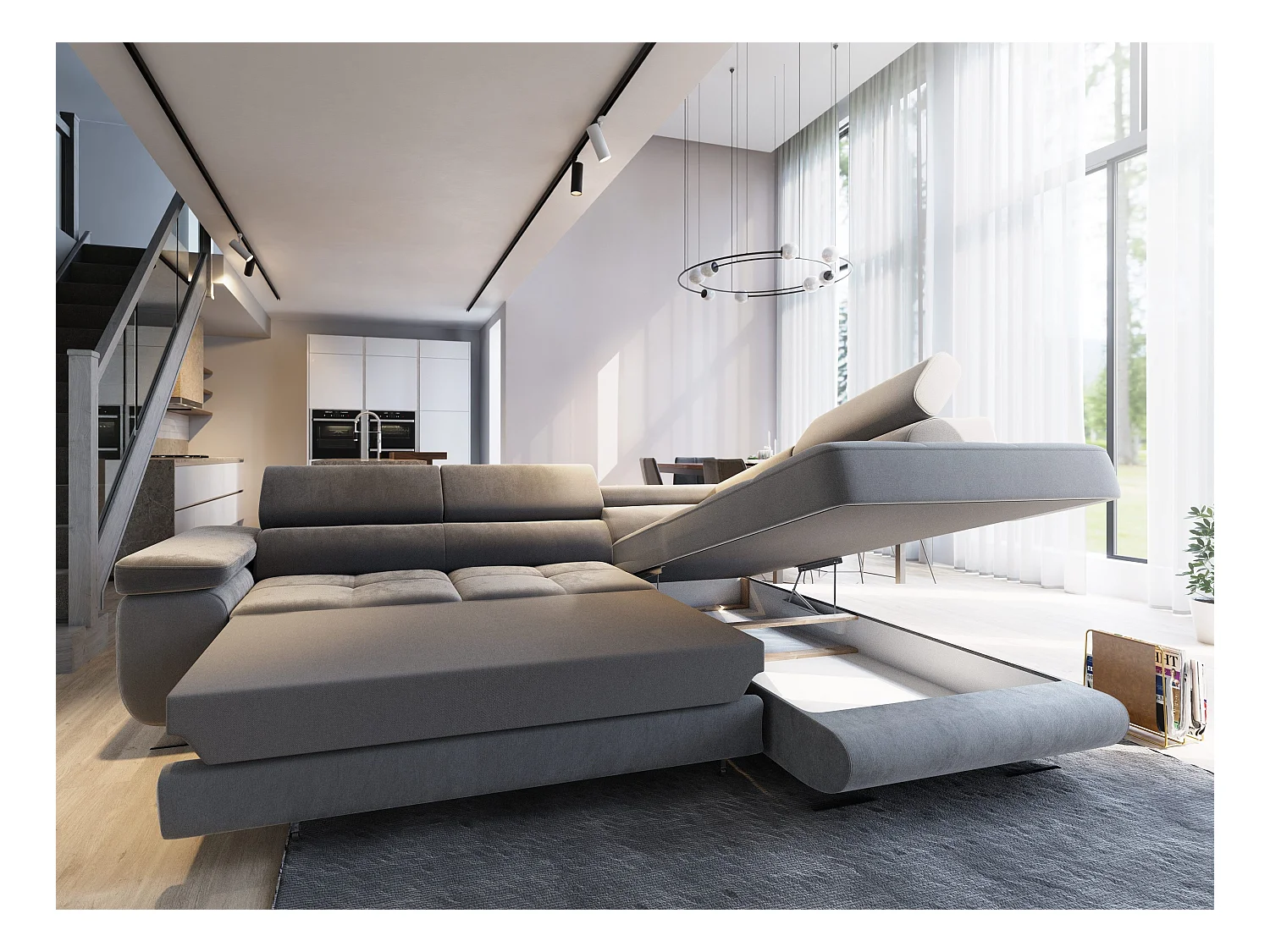 Canapé d'angle SELVA Gris en velours avec fonction de couchage