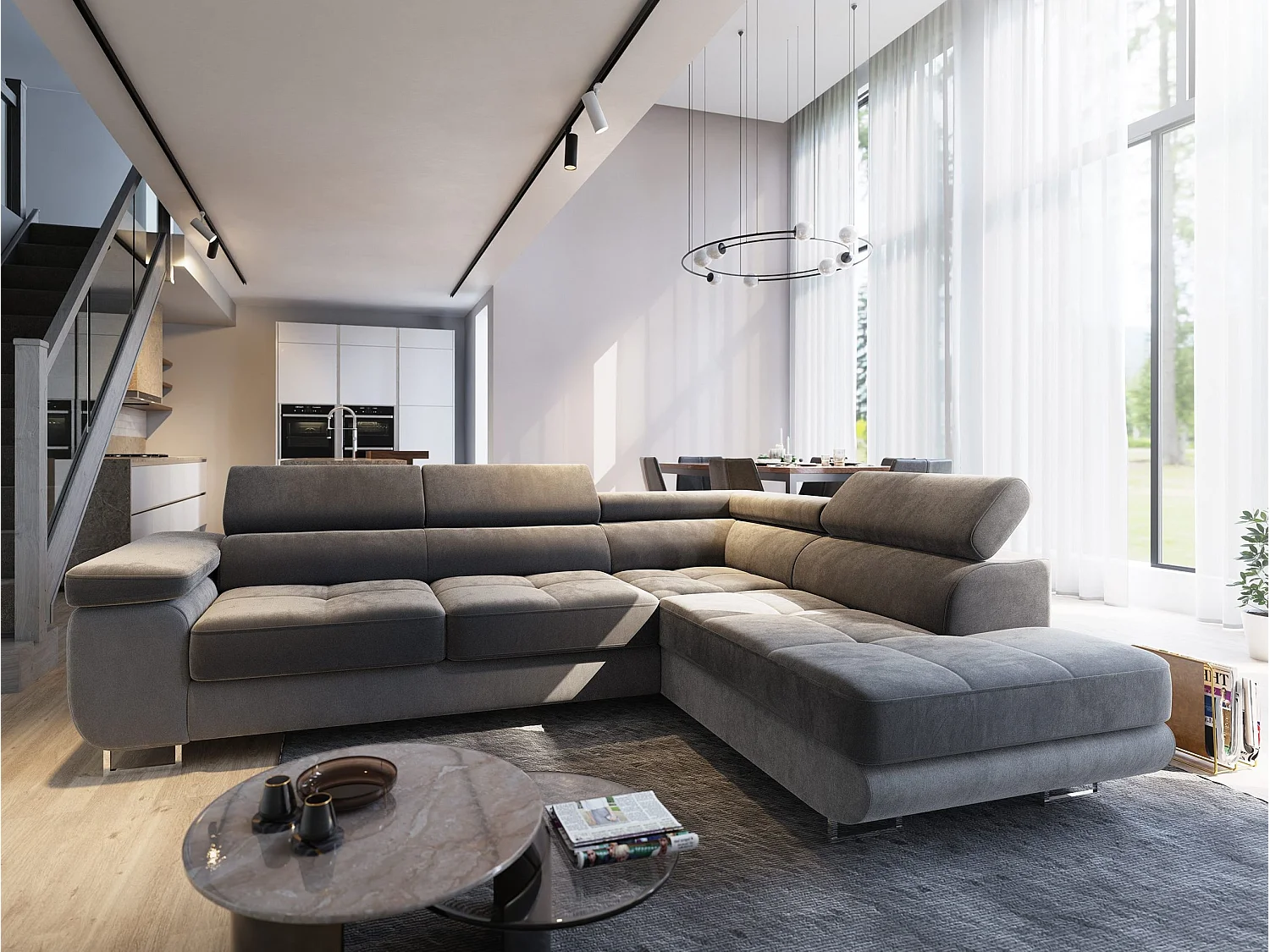 Canapé d'angle SELVA Gris en velours avec fonction de couchage