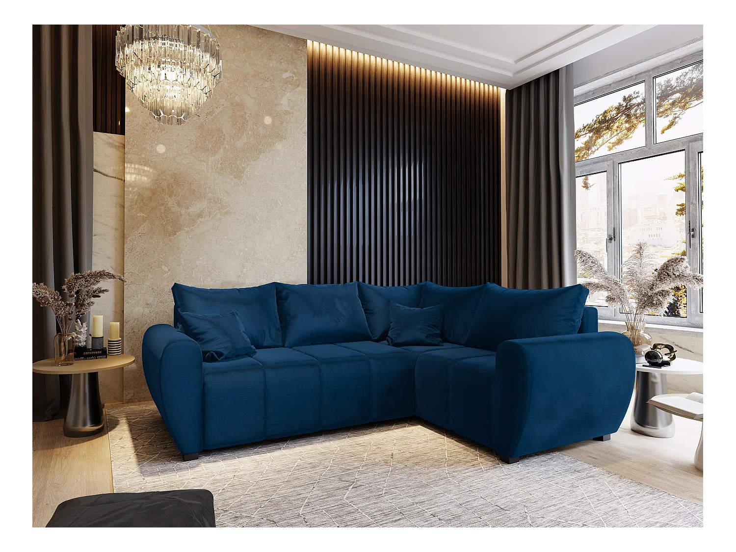 Canapé d'angle MADISON Bleu en peluche avec fonction de couchage